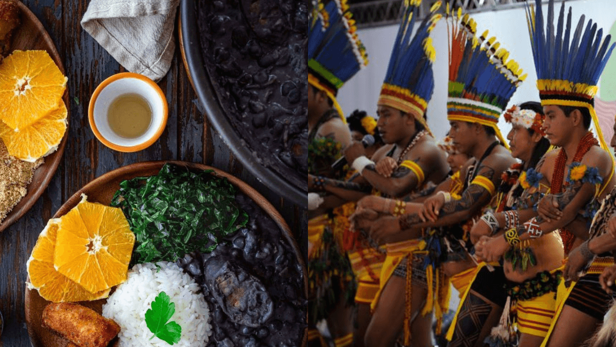 refeição com laranja, arroz, feijão, entrre outros elementos e uma tribo indígena com chapéus de penas azuis
