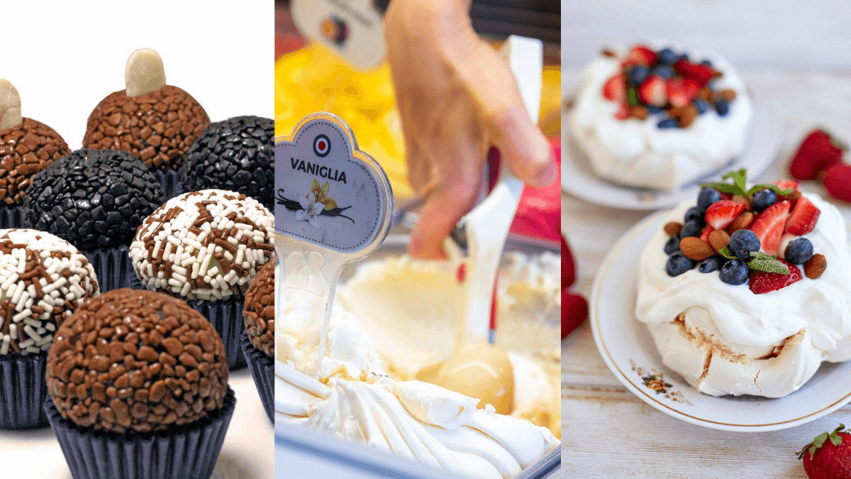 os melhores doces do mundo, brigadeiro de chocolate preto enrolado em forminhas, vários sorvetes e a Pavlova, uma pequena sobremesa branca com frutas vermelhas no topo