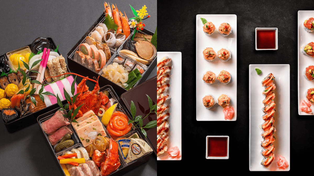 visão de comidas japonesas, sushis, sashimis, camarão entre outros, muitas cores, branco, laranja, verde