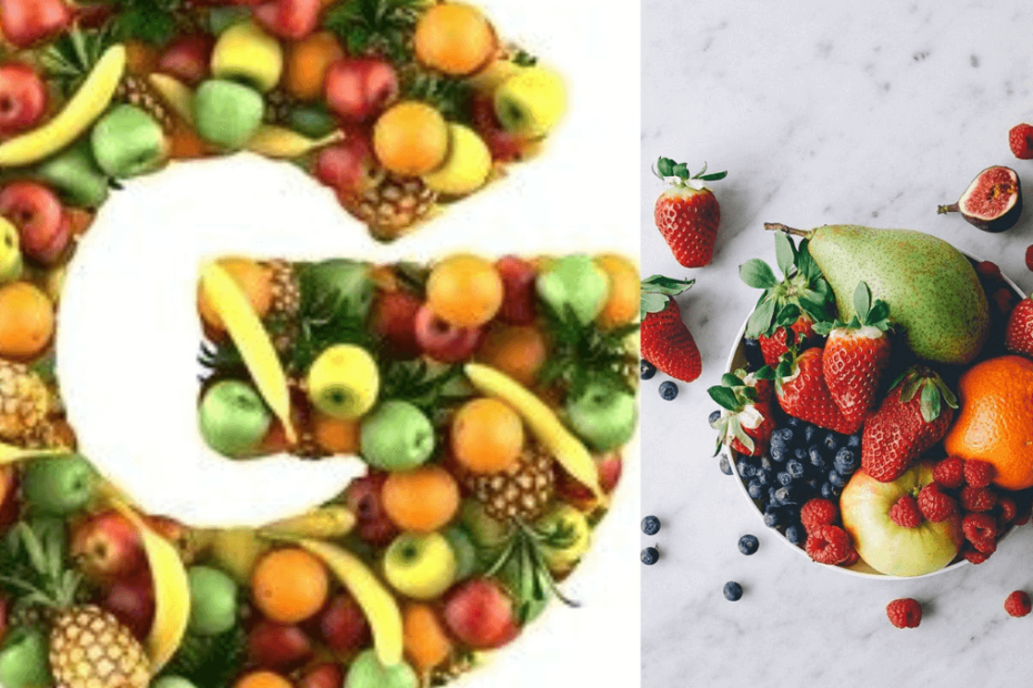 frutas com g e um pote de frutas
