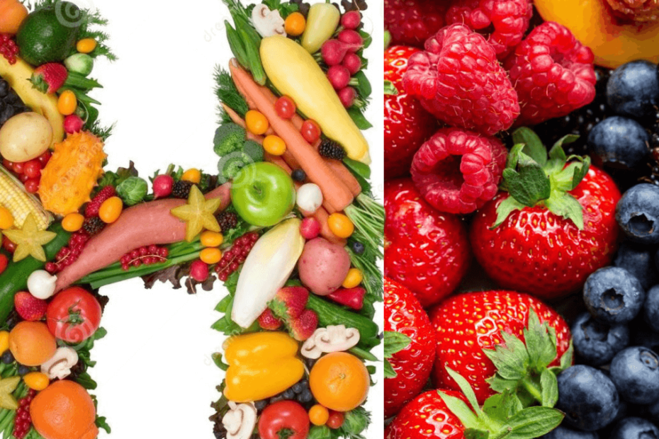 frutsa com h e pote de frutas variadas