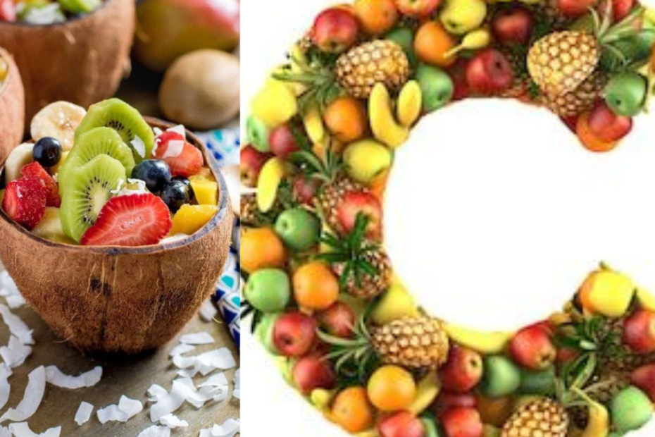 frutas com C e salada de frutas no coco